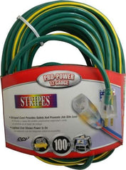 Southwire - 100', 12/3 Gauge/Conductors, Green/Yellow Outdoor Extension Cord - 1 Receptacle, 15 Amps, 125 VAC, UL SJTW, NEMA 5-15P, 5-15R - Caliber Tooling