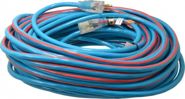 Southwire - 100', 12/3 Gauge/Conductors, Blue/Red Outdoor Extension Cord - 1 Receptacle, 15 Amps, 125 VAC, UL SJTW, NEMA 5-15P, 5-15R - Caliber Tooling