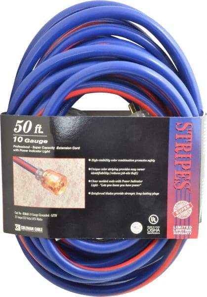 Southwire - 50', 10/3 Gauge/Conductors, Blue/Red Outdoor Extension Cord - 1 Receptacle, 15 Amps, 125 VAC, UL SJTW, NEMA 5-15P, 5-15R - Caliber Tooling