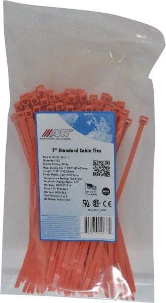 Made in USA - 7.562" Long Orange Nylon Standard Cable Tie - 50 Lb Tensile Strength, 1.32mm Thick, 2" Max Bundle Diam - Caliber Tooling