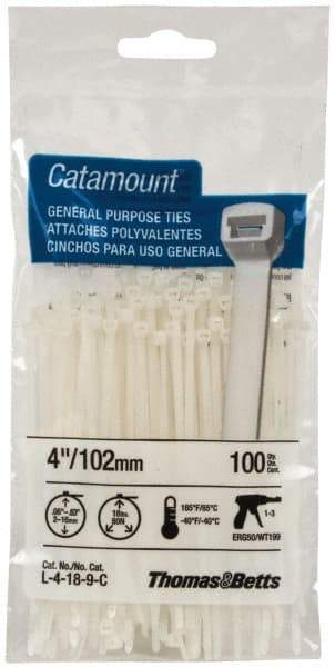 Thomas & Betts - 4" Long Natural (Color) Nylon Standard Cable Tie - 18 Lb Tensile Strength, 1.13mm Thick, 5/8" Max Bundle Diam - Caliber Tooling