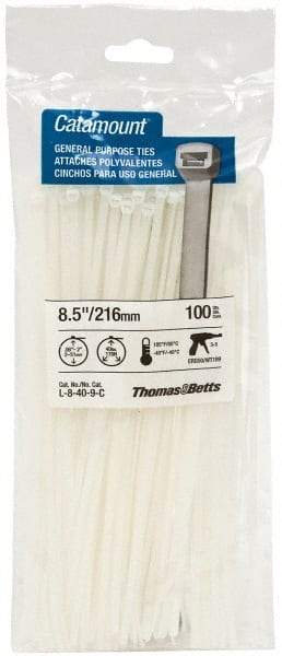 Thomas & Betts - 8-1/2" Long Natural (Color) Nylon Standard Cable Tie - 40 Lb Tensile Strength, 1.13mm Thick, 4" Max Bundle Diam - Caliber Tooling