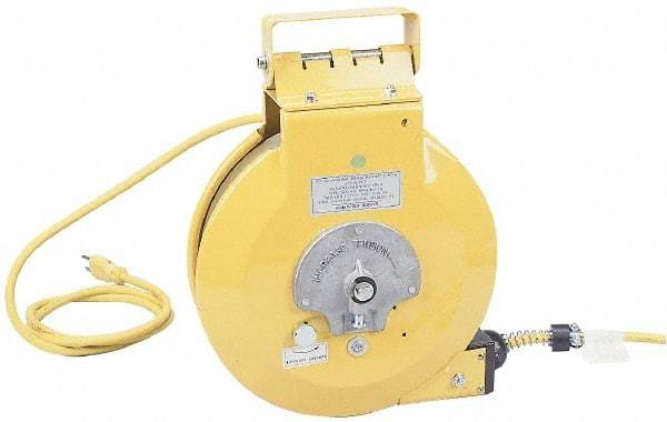 Conductix - 16 AWG, 25' Cable Length, Cord & Cable Reel with Fluorescent Hand Lamp End - 0 Outlets, 10 Amps, SOOW-A Cable, Yellow Reel, Spring Driven Reel - Caliber Tooling