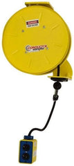 Conductix - 16 AWG, 25' Cable Length, Cord & Cable Reel with Outlet End - 3 Outlets, NEMA 5-15R, 10 Amps, 125 Volts, SOOW-A Cable, Yellow Reel, Spring Driven Reel - Caliber Tooling