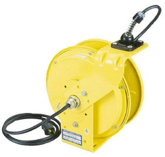 Conductix - 16 AWG, 35' Cable Length, Cord & Cable Reel with Outlet End - 3 Outlets, NEMA 5-15R, 10 Amps, 125 Volts, SOOW-A Cable, Yellow Reel, Spring Driven Reel - Caliber Tooling