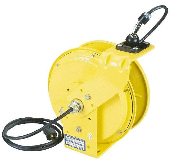 Conductix - 16 AWG, 35' Cable Length, Cord & Cable Reel with Incandescent Hand Lamp End - 1 Outlet, NEMA 5-15R, 10 Amps, 125 Volts, SOOW-A Cable, Yellow Reel, Spring Driven Reel - Caliber Tooling