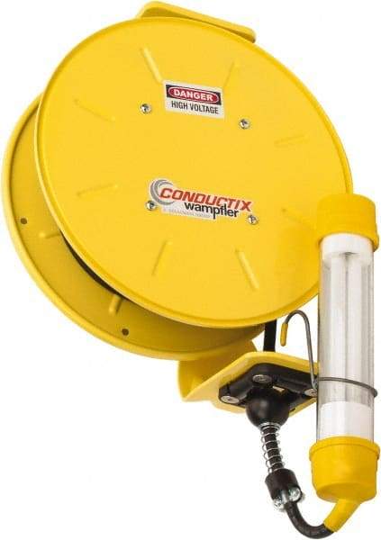 Conductix - 16 AWG, 35' Cable Length, Cord & Cable Reel with Fluorescent Hand Lamp End - 0 Outlets, 10 Amps, SOOW-A Cable, Yellow Reel, Spring Driven Reel - Caliber Tooling