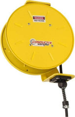 Conductix - 16 AWG, 50' Cable Length, Cord & Cable Reel with Bare End - 3 Outlets, NEMA 5-15R, 10 Amps, 110 Volts, SOOW-A Cable, Yellow Reel, Spring Driven Reel - Caliber Tooling