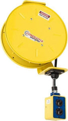 Conductix - 16 AWG, 50' Cable Length, Cord & Cable Reel with Outlet End - 3 Outlets, NEMA 5-15R, 10 Amps, 125 Volts, SOOW-A Cable, Yellow Reel, Spring Driven Reel - Caliber Tooling