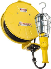 Conductix - 16 AWG, 50' Cable Length, Cord & Cable Reel with Incandescent Hand Lamp End - 1 Outlet, NEMA 5-15R, 10 Amps, 125 Volts, SOOW-A Cable, Yellow Reel, Spring Driven Reel - Caliber Tooling