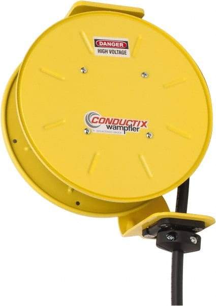 Conductix - 14 AWG, 30' Cable Length, Cord & Cable Reel with Bare End - 3 Outlets, NEMA 5-15R, 15 Amps, SEOW-A Cable, Yellow Reel, Spring Driven Reel - Caliber Tooling