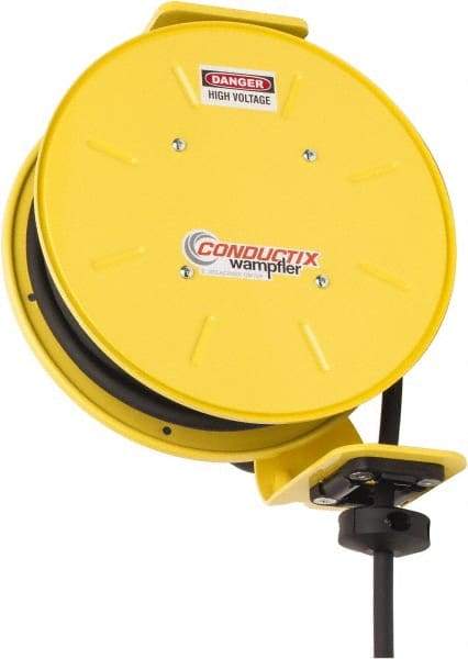 Conductix - 12 AWG, 30' Cable Length, Cord & Cable Reel with Bare End - 3 Outlets, NEMA 5-20R, 20 Amps, SEOW-A Cable, Yellow Reel, Spring Driven Reel - Caliber Tooling