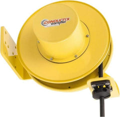 Conductix - 10 AWG, 30' Cable Length, Cord & Cable Reel with Bare End - 3 Outlets, NEMA 5-20R, 25 Amps, SEOW-A Cable, Yellow Reel, Spring Driven Reel - Caliber Tooling