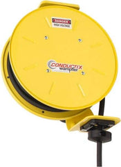 Conductix - 14 AWG, 40' Cable Length, Cord & Cable Reel with Bare End - 3 Outlets, NEMA 5-15R, 15 Amps, SEOW-A Cable, Yellow Reel, Spring Driven Reel - Caliber Tooling