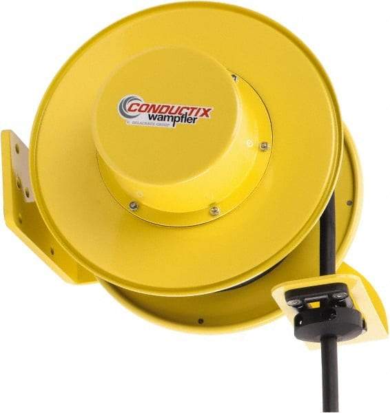 Conductix - 12 AWG, 40' Cable Length, Cord & Cable Reel with Bare End - 3 Outlets, NEMA 5-20R, 20 Amps, SEOW-A Cable, Yellow Reel, Spring Driven Reel - Caliber Tooling