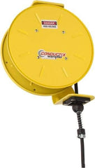 Conductix - 16 AWG, 20' Cable Length, Cord & Cable Reel with Bare End - 4 Outlets, NEMA 5-15R, 8 Amps, SEOW-A Cable, Yellow Reel, Spring Driven Reel - Caliber Tooling