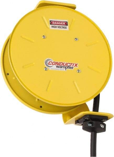 Conductix - 12 AWG, 20' Cable Length, Cord & Cable Reel with Bare End - 4 Outlets, NEMA 5-15R, 16 Amps, SEOW-A Cable, Yellow Reel, Spring Driven Reel - Caliber Tooling