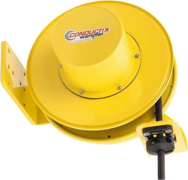 Conductix - 10 AWG, 30' Cable Length, Cord & Cable Reel with Bare End - 4 Outlets, NEMA 5-20R, 20 Amps, SEOW-A Cable, Yellow Reel, Spring Driven Reel - Caliber Tooling