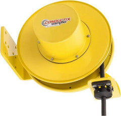 Conductix - 14 AWG, 40' Cable Length, Cord & Cable Reel with Bare End - 4 Outlets, NEMA 5-15R, 12 Amps, SEOW-A Cable, Yellow Reel, Spring Driven Reel - Caliber Tooling