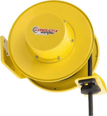 Conductix - 12 AWG, 40' Cable Length, Cord & Cable Reel with Bare End - 4 Outlets, NEMA 5-15R, 16 Amps, SEOW-A Cable, Yellow Reel, Spring Driven Reel - Caliber Tooling