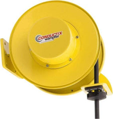 Conductix - 10 AWG, 50' Cable Length, Cord & Cable Reel with Bare End - 4 Outlets, NEMA 5-20R, 20 Amps, SEOW-A Cable, Yellow Reel, Spring Driven Reel - Caliber Tooling