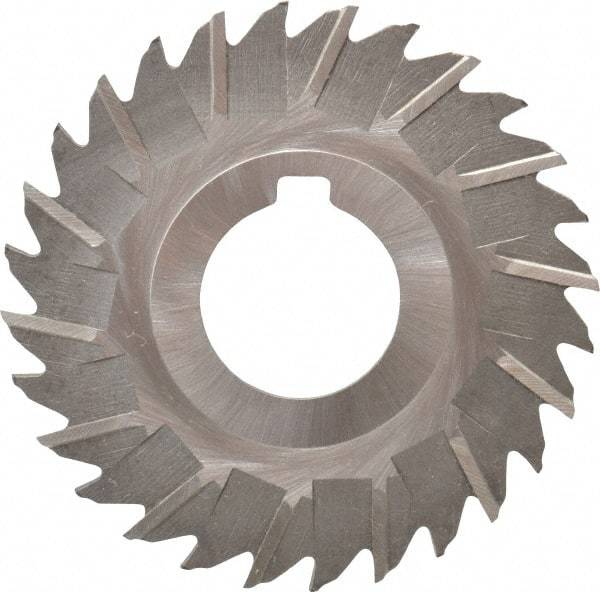 Made in USA - 3" Blade Diam x 1/16" Blade Thickness, 1" Hole, 28 Teeth, High Speed Steel Side Chip Saw - Staggered Tooth, Arbor Connection, Right Hand Cut, Uncoated, with Keyway - Caliber Tooling