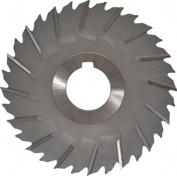 Made in USA - 4" Blade Diam x 1/8" Blade Thickness, 1" Hole, 32 Teeth, High Speed Steel Side Chip Saw - Staggered Tooth, Arbor Connection, Right Hand Cut, Uncoated, with Keyway - Caliber Tooling