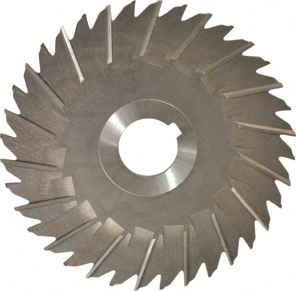 Made in USA - 5" Blade Diam x 1/8" Blade Thickness, 1" Hole, 36 Teeth, High Speed Steel Side Chip Saw - Staggered Tooth, Arbor Connection, Right Hand Cut, Uncoated, with Keyway - Caliber Tooling