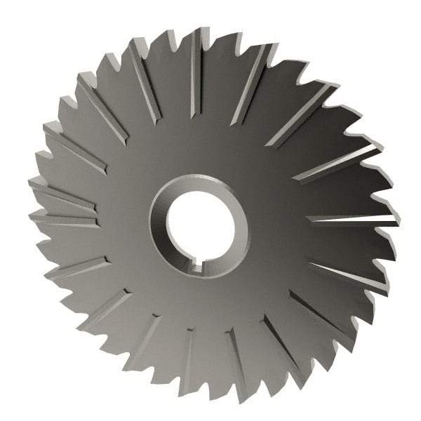 Made in USA - 5" Blade Diam x 1/4" Blade Thickness, 1" Hole, 36 Teeth, High Speed Steel Side Chip Saw - Staggered Tooth, Arbor Connection, Right Hand Cut, Uncoated, with Keyway - Caliber Tooling