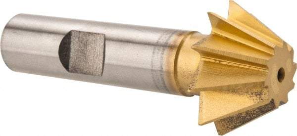 Made in USA - 1" Diam x 7/16" Width of Cut, 60° Included Angle, Shank Connection, High Speed Steel Single Angle Cutter - 1/2" Shank Diam, 2-1/2" Overall Length, Right Hand Cut, TiN Coated - Caliber Tooling