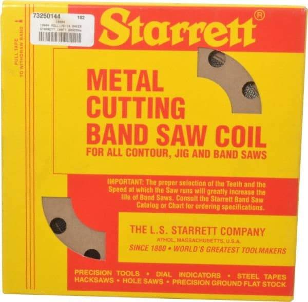 Starrett - 1/8" x 100' x 0.025" Carbon Steel Band Saw Blade Coil Stock - 14 TPI, Toothed Edge, Straight Form, Raker Set, Flexible Back, No Rake Angle, Constant Pitch, Contour Cutting - Caliber Tooling