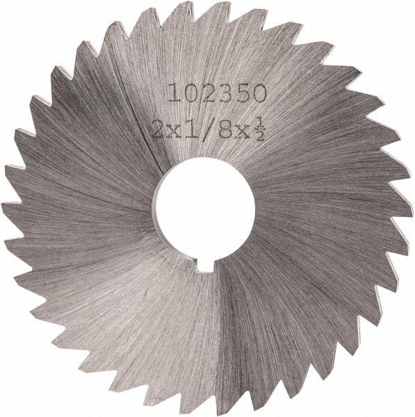 Made in USA - 2" Diam x 1/8" Blade Thickness x 1/2" Arbor Hole Diam, 34 Tooth Slitting and Slotting Saw - Arbor Connection, Right Hand, Uncoated, High Speed Steel, Concave Ground, Contains Keyway - Caliber Tooling