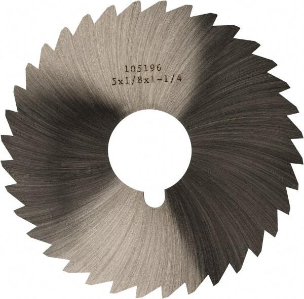 Made in USA - 5" Diam x 1/8" Blade Thickness x 1-1/4" Arbor Hole Diam, 40 Tooth Slitting and Slotting Saw - Arbor Connection, Right Hand, Uncoated, High Speed Steel, Concave Ground, Contains Keyway - Caliber Tooling