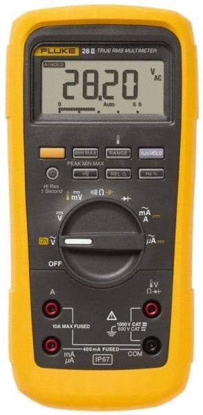 Fluke - 28-II, CAT IV, CAT III, 1,000 VAC/VDC, Digital True RMS Auto Ranging Manual Ranging Multimeter - 50 mOhm, Measures Voltage, Capacitance, Current, Frequency, Resistance, Temperature - Caliber Tooling