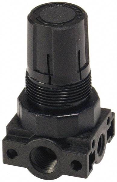 Parker - 3/8 NPT Port, Plastic Miniature Regulator - 0 to 60 psi Range, 150 Max psi Supply Pressure, 1/4" Gauge Port Thread, 2.06" Wide x 3.43" High - Caliber Tooling