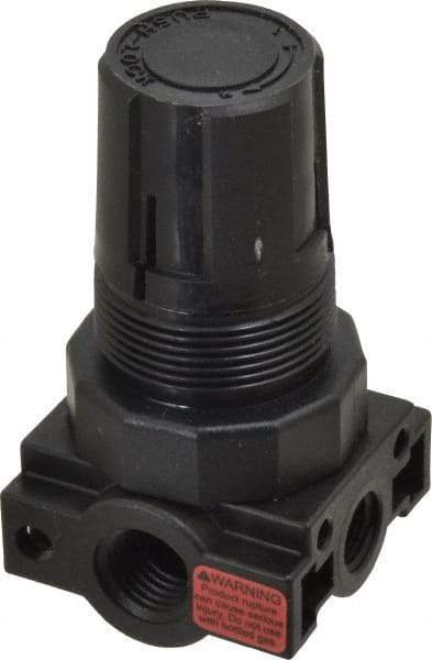 Parker - 1/4 NPT Port, Plastic Miniature Regulator - 0 to 125 psi Range, 150 Max psi Supply Pressure, 1/8" Gauge Port Thread, 1.6" Wide x 3.1" High - Caliber Tooling