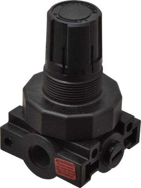 Parker - 1/4 NPT Port, Plastic Miniature Regulator - 0 to 60 psi Range, 150 Max psi Supply Pressure, 1/4" Gauge Port Thread, 2.06" Wide x 3.43" High - Caliber Tooling