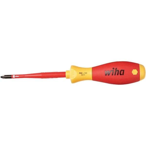 Wiha - #2, 8-19/64" OAL, Insulated Phillips Screwdriver - 3-15/16" Blade Length, Straight Shank, Acetate Handle - Caliber Tooling