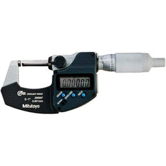 Mitutoyo - 0 to 1" Range, 0.00005" Resolution, Standard Throat IP65 Electronic Outside Micrometer - 0.00005" Accuracy, Ratchet Stop Thimble, Carbide-Tipped Face, SR44 Battery - Caliber Tooling