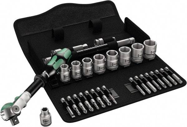 Wera - 3/8" Drive Standard Socket Set - 6 Points, 8 to 19mm, T15 to T40 Torx, Metric Measurement Standard - Caliber Tooling