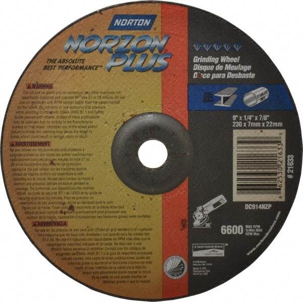 Norton - 24 Grit, 9" Wheel Diam, 1/4" Wheel Thickness, 7/8" Arbor Hole, Type 27 Depressed Center Wheel - Ceramic, 6,600 Max RPM, Compatible with Angle Grinder - Caliber Tooling