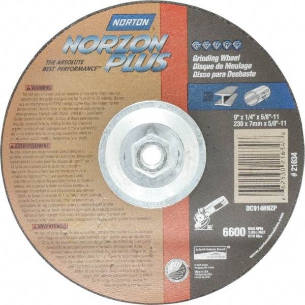 Norton - 24 Grit, 9" Wheel Diam, 1/4" Wheel Thickness, Type 27 Depressed Center Wheel - Ceramic, 6,600 Max RPM, Compatible with Angle Grinder - Caliber Tooling