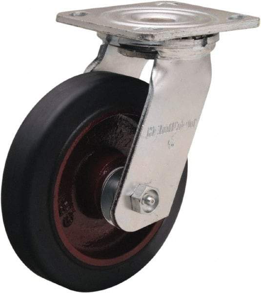 Hamilton - 6" Diam x 1-1/2" Wide x 7-1/2" OAH Top Plate Mount Swivel Caster - Rubber Mold on Cast Iron, 280 Lb Capacity, Straight Roller Bearing, 4 x 4-1/2" Plate - Caliber Tooling