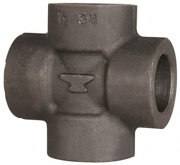 Made in USA - Size 1-1/2", Class 3,000, Forged Carbon Steel Black Pipe Cross - 3,000 psi, Socket Weld End Connection - Caliber Tooling