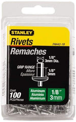 Stanley - Button Head Aluminum Color Coded Blind Rivet - Aluminum Mandrel, 0.062" to 1/8" Grip, 1/4" Head Diam, 0.125" to 0.133" Hole Diam, 0.275" Length Under Head, 1/8" Body Diam - Caliber Tooling