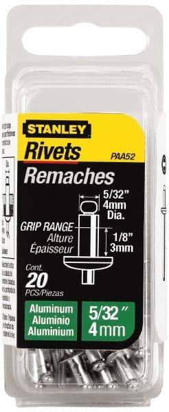 Stanley - Aluminum Color Coded Blind Rivet - Aluminum Mandrel, 0.031" to 1/8" Grip, 5/16" Head Diam, 0.156" to 0.164" Hole Diam, 0.3" Length Under Head, 5/32" Body Diam - Caliber Tooling