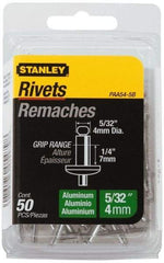 Stanley - Aluminum Color Coded Blind Rivet - Aluminum Mandrel, 0.188" to 1/4" Grip, 5/16" Head Diam, 0.156" to 0.164" Hole Diam, 0.425" Length Under Head, 5/32" Body Diam - Caliber Tooling