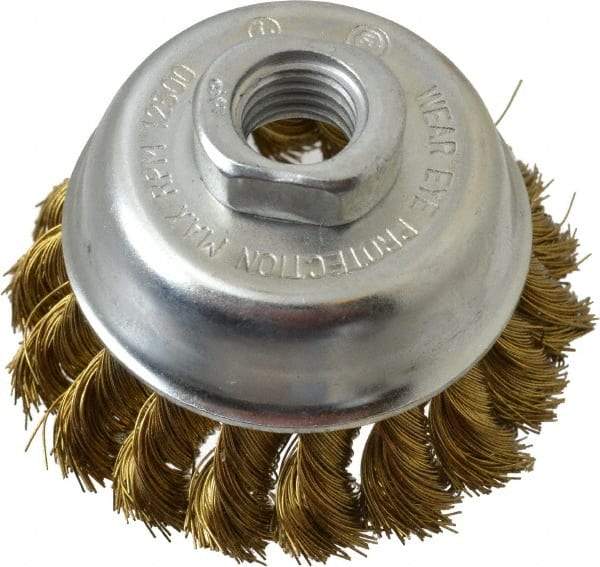 Value Collection - 2-3/4" Diam, 5/8-11 Threaded Arbor, Brass Fill Cup Brush - 0.014 Wire Diam, 3/4" Trim Length, 12,500 Max RPM - Caliber Tooling