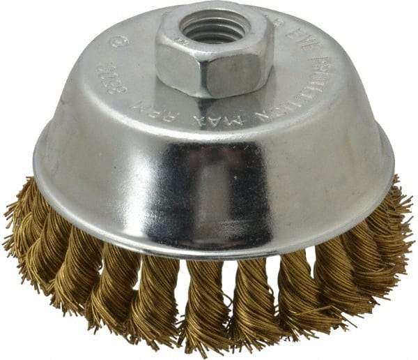 Value Collection - 4" Diam, 5/8-11 Threaded Arbor, Brass Fill Cup Brush - 0.02 Wire Diam, 7/8" Trim Length, 8,500 Max RPM - Caliber Tooling