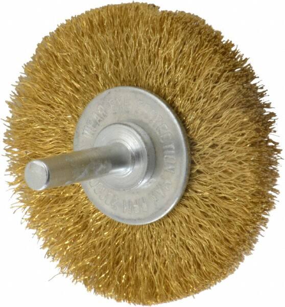 Value Collection - 2-1/2" OD, 1/4" Shank Diam, Crimped Brass Wheel Brush - 3/8" Face Width, 1/2" Trim Length, 0.008" Filament Diam, 20,000 RPM - Caliber Tooling